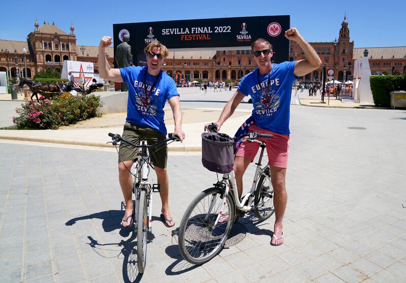 Rangers fans Greg Johnstone and Ross Kennedy at the Plaza de Espana in Seville. PA