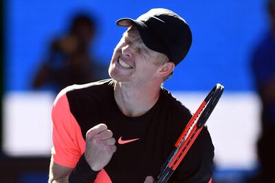 epa06466611 Kyle Edmund of Britain celebrates while in action against Grigor Dimitrov of Bulgaria at the conclusion of their men's quarter final match on day nine of the Australian Open tennis tournament, in Melbourne, Victoria, Australia, 23 January 2018.  EPA/JULIAN SMITH AUSTRALIA AND NEW ZEALAND OUT