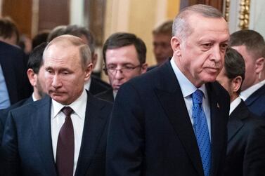 Vladimir Putin's Russia and Recep Tayyip Erdogan's Turkey are on opposite sides in both Syria and Libya. AP Photo