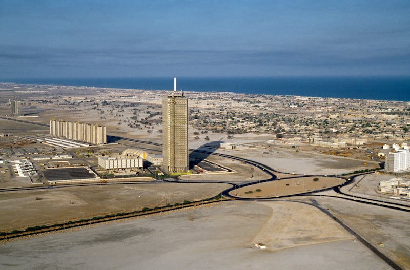 Aerial view of Dubai World Trade Centre and Sheikh Zayed Road in 1978. Alamy