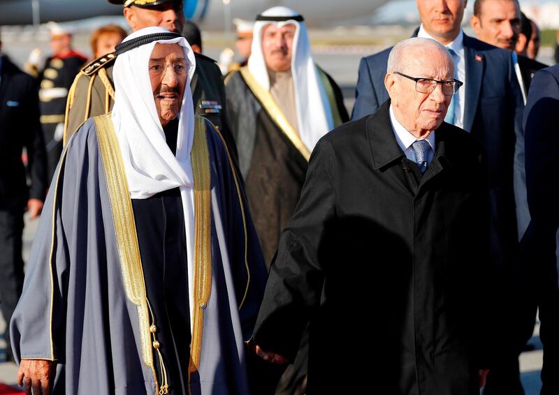 Essebsi welcomes Kuwait's Emir Sheikh Sabah Al Ahmad Al Sabah for a March 30, 2019 Arab Summit. AFP