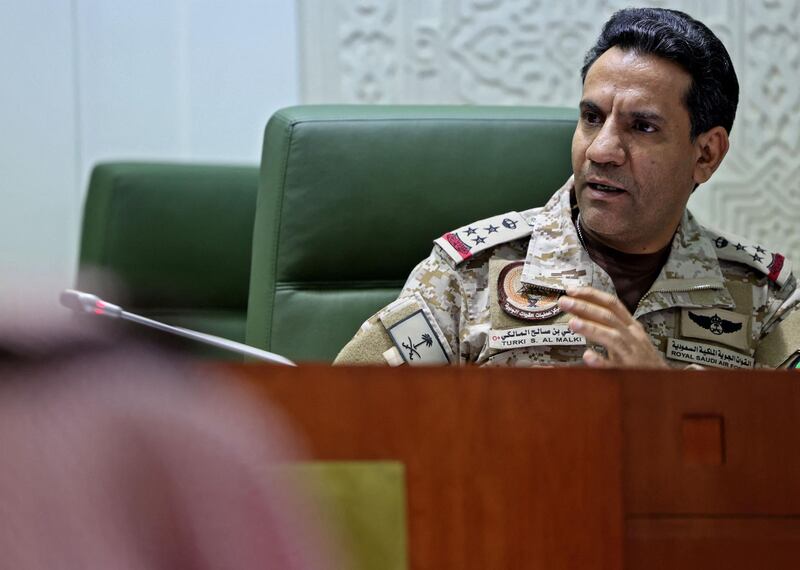 Spokesman of the Saudi-led military coalition in Yemen Colonel Turki al-Maliki speaks during a press conference in the capital Riyadh on March 22, 2021. Saudi Arabia offered Yemen's Huthi rebels a "comprehensive" ceasefire, among a series of proposals aimed at ending a catastrophic six-year conflict. The proposals include "a comprehensive ceasefire across the country under the supervision of the United Nations", a government statement said. / AFP / FAYEZ NURELDINE
