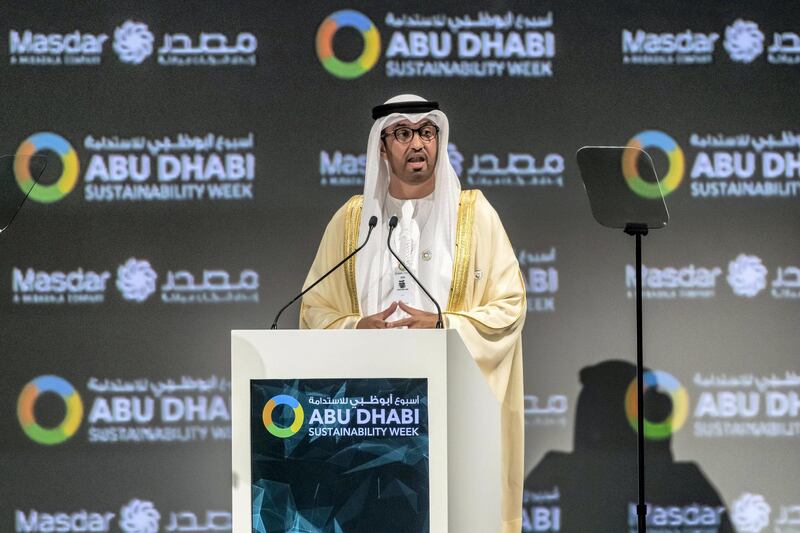 ABU DHABI, UNITED ARAB EMIRATES. 13 JANUARY 2020. The Zayed Sustainability Awards held at ADNEC as part of Abu Dhabi Sustainability Week. H.E. Dr Sultan Ahmed Al Jaber, UAE Minister of State, Chairman of Masdar. (Photo: Antonie Robertson/The National) Journalist: Kelly Clarker. Section: National.

