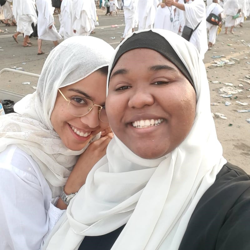 Balquees Basalom, left, with Dania, who she met at Hajj. Balquees Basalom / The National
