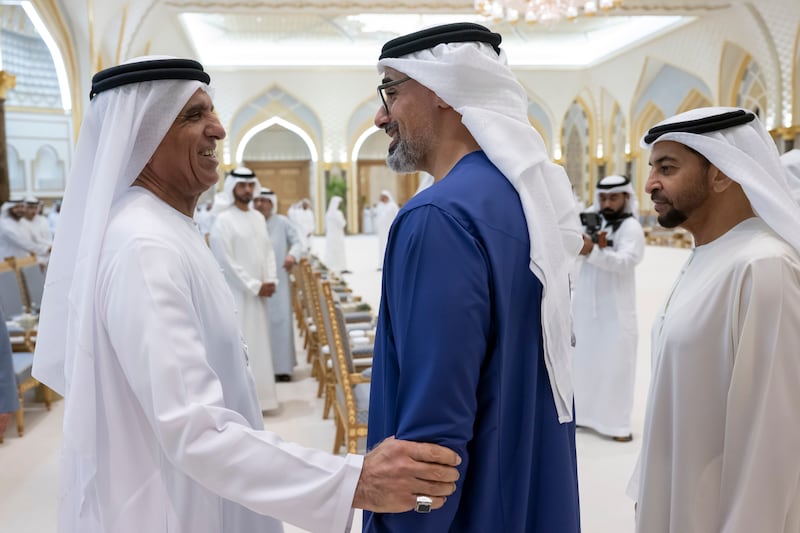 Sheikh Saud speaks with Sheikh Khaled bin Mohamed, Crown Prince of Abu Dhabi, and Sheikh Hamdan bin Zayed, Ruler’s Representative of Al Dhafra Region