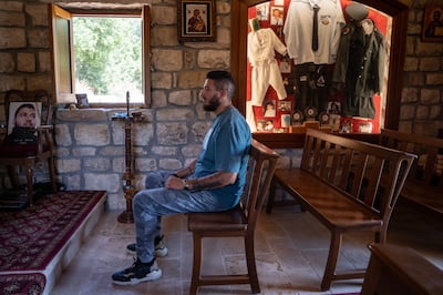 William Noun sits in the chapel built by his father to commemorate Joseph Noun, his brother who was killed in the Beirut port explosion on August 4, 2020. Matt Kynaston / The National