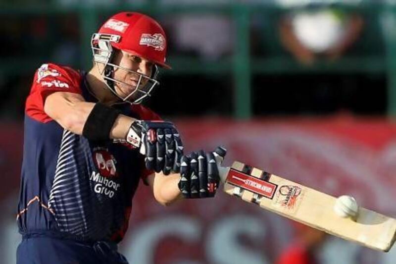 David Warner connects for Delhi Daredevils in a match during last year’s Indian Premier League. Warner will face a disciplinary hearing with Cricket Australia after his Twitter outburst against Australian cricket journalists Robert Craddock and Malcolm Conn of News Limited.