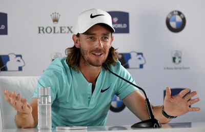DUBAI, UNITED ARAB EMIRATES - NOVEMBER 15:  Tommy Fleetwood of England talking to the press during a practice round prior to the DP World Tour Championship at Jumeirah Golf Estates on November 15, 2017 in Dubai, United Arab Emirates.  (Photo by Ross Kinnaird/Getty Images)
