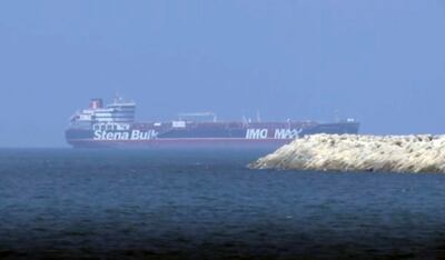In this image made from video, the British-flagged oil tanker Stena Impero is seen outside Port Rashid in Dubai, United Arab Emirates, Saturday, Sept. 28, 2019.  On Friday, Iran released the Stena Impero which it had seized in July as it passed through the Strait of Hormuz, the narrow mouth of the Persian Gulf through which 20% of all oil passes. The ship set sail from Iran Friday morning, arriving at an anchorage outside Dubaiâ€™s Port Rashid in the United Arab Emirates just before midnight. (AP Photo)