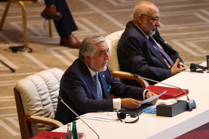 Abdullah Abdullah, chairman of Afghanistan's High Council for National Reconciliation, speaks at the opening session of the peace talks with the Taliban in the Qatari capital Doha. AFP