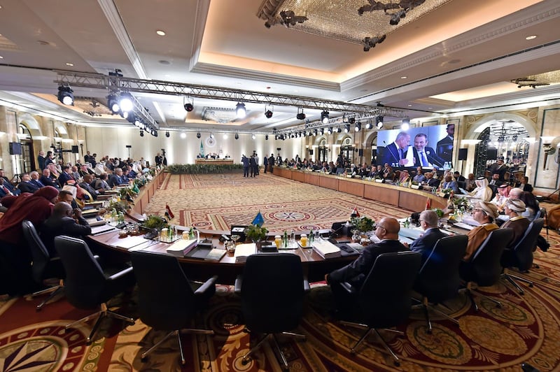 A general view shows the Foreign Ministers of Arab countries during a meeting of the Arab Economic and Social Development Summit at Phoenicia hotel in Beirut, Lebanon.  EPA