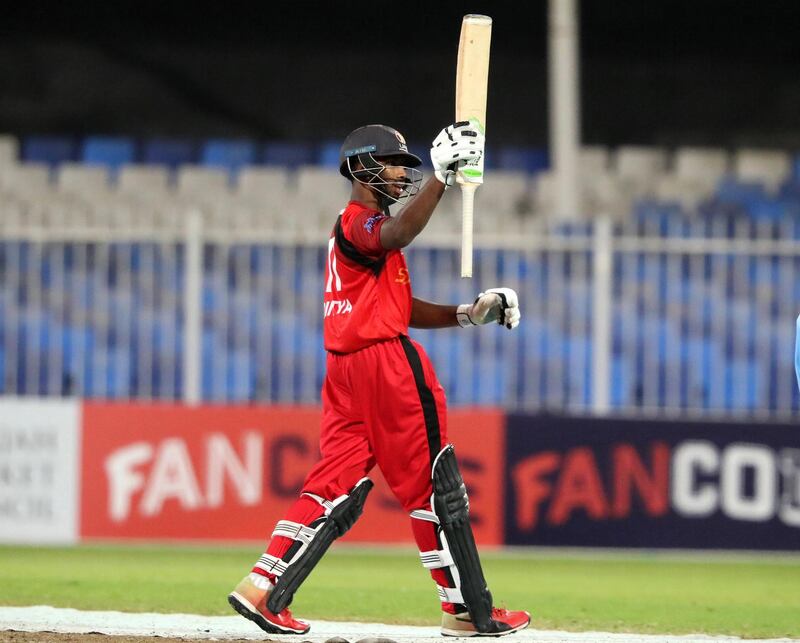 Sharjah, United Arab Emirates - Reporter: Paul Radley. Sport. Cricket. Sharjah's Vriitya Aravind makes 50. Final of the Emirates D10, Fujairah v Sharjah. Monday, April 5th, 2021. Sharjah. Chris Whiteoak / The National