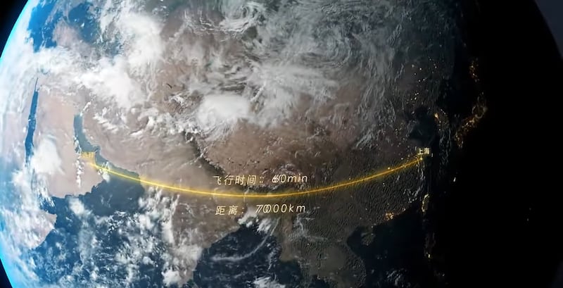 The ambitious project is called Space Transportation and is being developed by Beijing Lingkong Tianxing Technology. An animation shows how it will fly across the planet at hypersonic speed to reach Dubai from Beijing in an hour.
