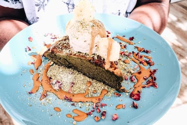 The matcha yoghurt skillet cake with banana ice cream and miso caramel at Sanderson’s. 