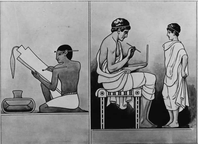 An Egyptian scribe and his pupil, circa 1650. Getty Images
