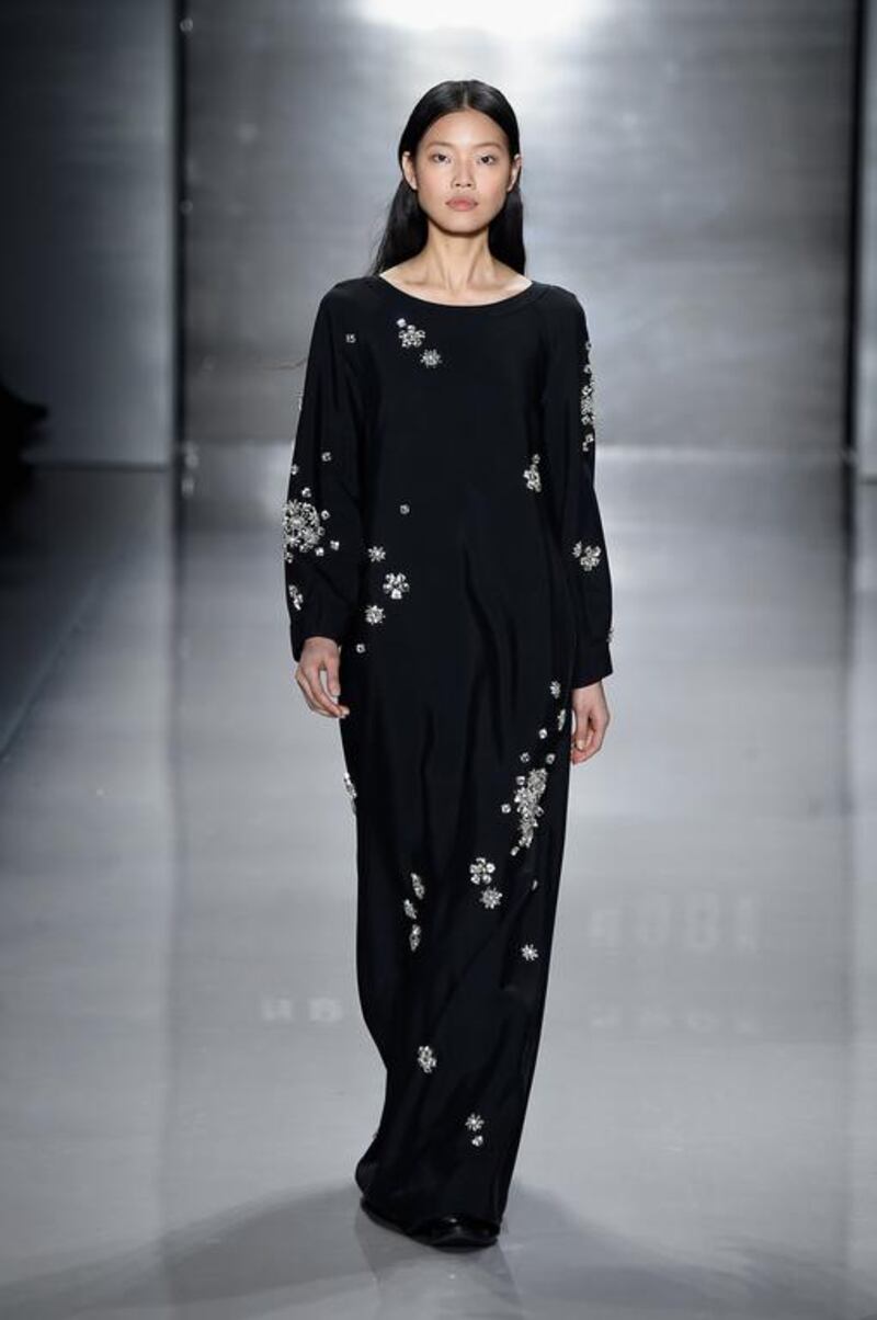 Noon by Noor's abaya-inspired black dress embellished with crystals. Frazer Harrison/Getty Images for Mercedes-Benz Fashion Week/AFP