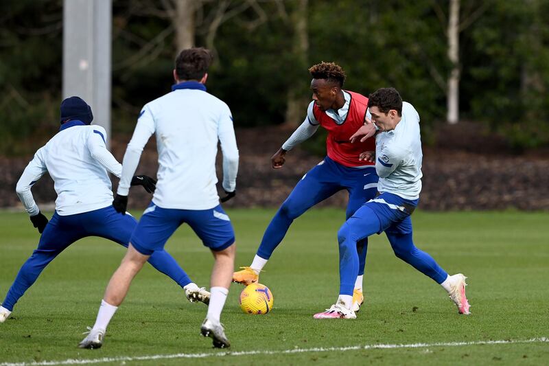 COBHAM, ENGLAND - JANUARY 28:  Tammy Abraham and Andreas Christensen of Chelsea during a training session at Chelsea Training Ground on January 28, 2021 in Cobham, England. (Photo by Darren Walsh/Chelsea FC via Getty Images)