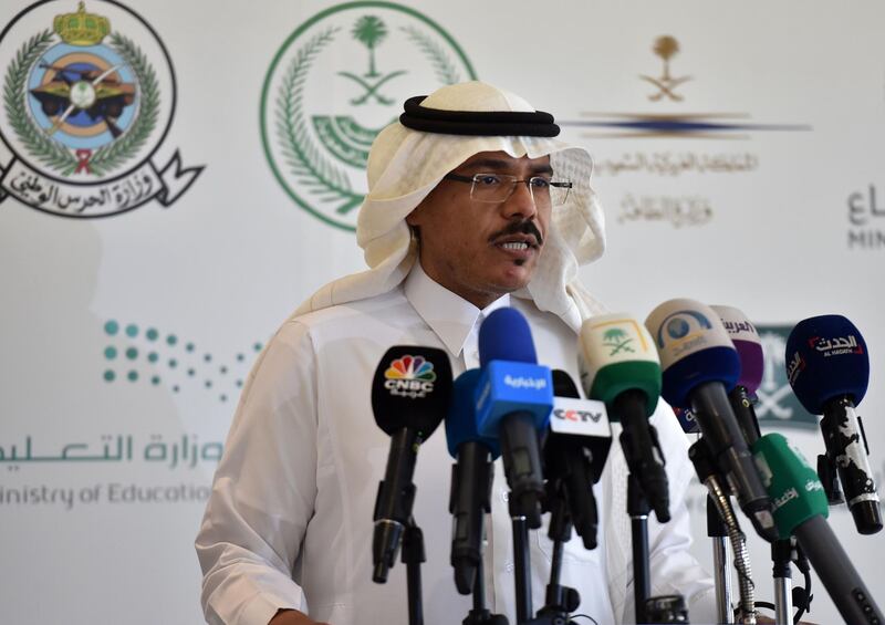 Mohammed Alabed Alali, Saudi Arabia's health minstry spokesman, addresses reporters during a press briefing about COVID-19 coronavirus disease, in the capital Riyadh on March 8, 2020 Saudi authorities on March 8 cordoned off the eastern Qatif region, a stronghold of the kingdom's Shiite minority, in a bid to contain the fast-spreading coronavirus, the interior ministry said. The kingdom has expressed alarm over the spread of the disease across the Gulf region, which has confirmed more than 230 coronavirus cases -- most of them people returning from religious pilgrimages to Shiite-majority Iran. The Eastern Province -- which includes Qatif -- has seen bouts of unrest since 2011 when protesters emboldened by the Arab Spring uprisings took to the streets. / AFP / FAYEZ NURELDINE
