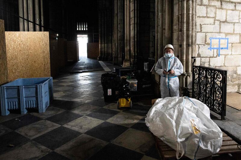 Paris Cathedral's rector Patrick Chauvet visits Notre-Dame on November 24, 2020. AFP