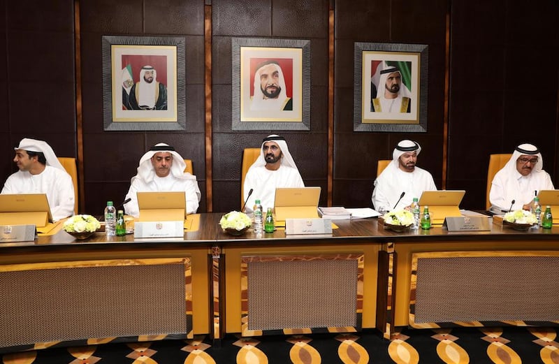 Sheikh Mohammed bin Rashid, Vice President of the UAE and Ruler of Dubai, centre, presides over the Cabinet meeting which approved the five-year federal budget. WAM  