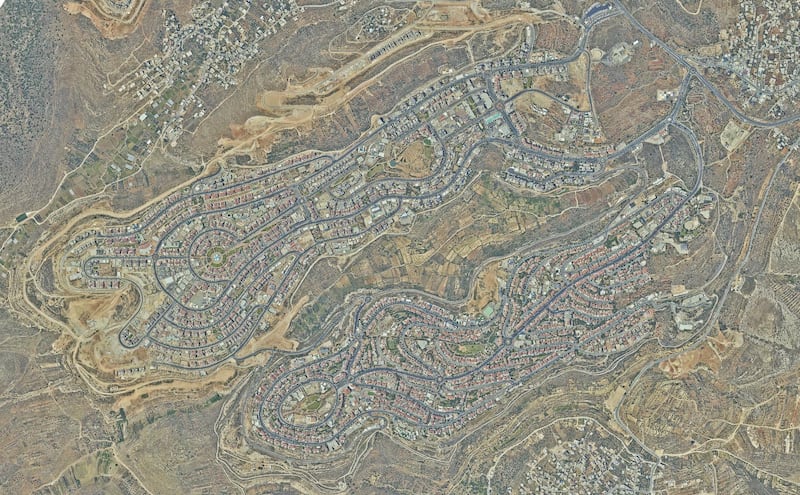 A handout photo made available by the Peace Now organization showing an aerial view of the Israeli settlement of Beitar Illit.