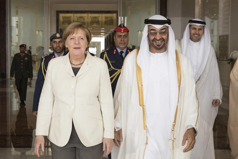 Ms Merkel is expected hold talks with Sheikh Mohammed on the conflicts in Yemen, Libya and Syria, as well as strengthening economic ties. Ryan Carter / Crown Prince Court — Abu Dhabi