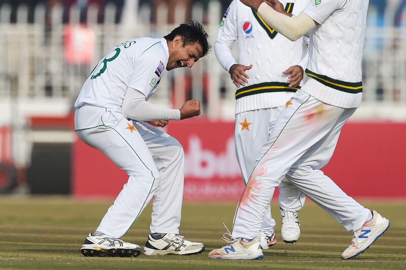 Pakistan's Mohammad Abbas celebrates after getting Sri Lanka's Dinesh Chandimal bowled in Rawalpindi on Wednesday. AFP