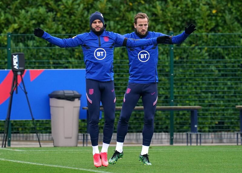 England's Kyle Walker, left, and Harry Kane during a training session in London on the eve of their World Cup qualifier against San Marino. PA