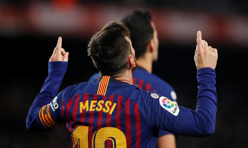 Barcelona's Lionel Messi celebrates scoring their sixth goal. Reuters