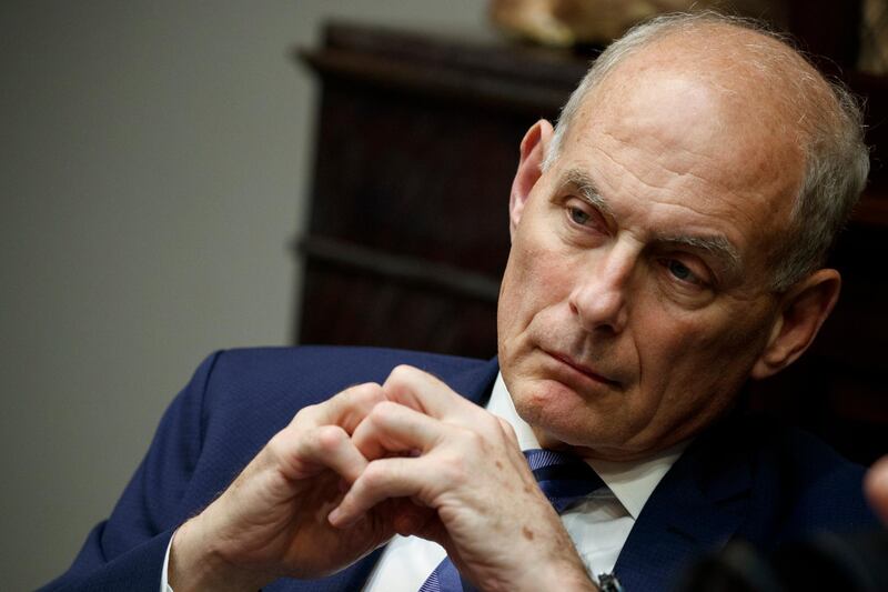 FILE - In this June 21, 2018 file photo, White House chief of staff John Kelly listens as President Donald Trump speaks during a lunch with governors in the Roosevelt Room of the White House in Washington.  Trump says Kelly will leave his job at the end of the year, on Saturday, Dec. 8.  Trump isnâ€™t saying immediately who will replace Kelly, a retired Marine general who has served as chief of staff since July 2017. But the president says an announcement about a replacement will be coming in the next day or two.   (AP Photo/Evan Vucci, File)