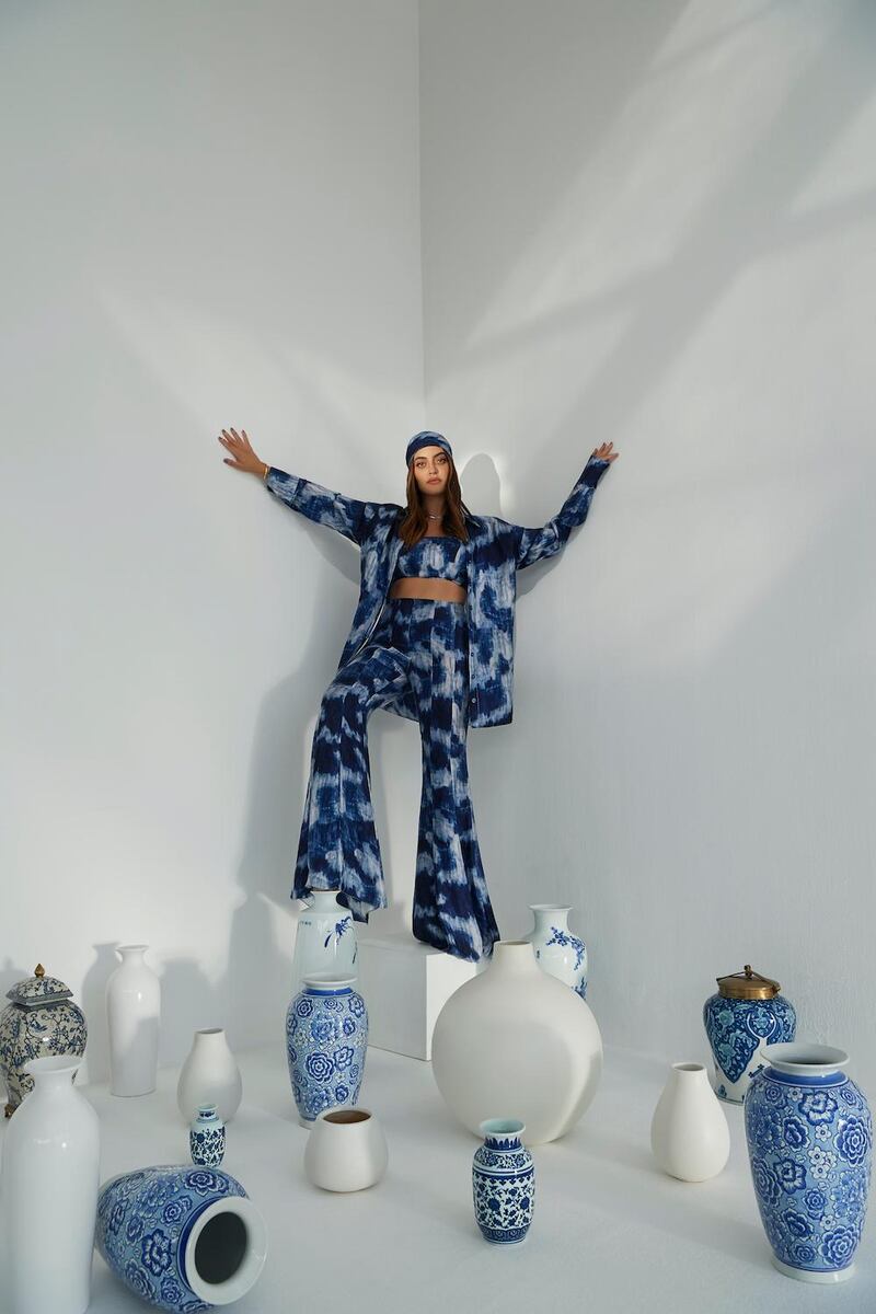 A tie-dyed oversized shirt and palazzo pants for Madiyah Al Sharqi x Karen Wazen's spring / summer 2021 collaboration. Courtesy Madiyah Al Sharqi