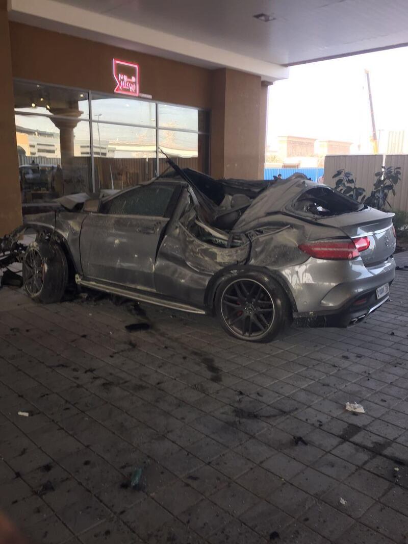 A driver died after swerving and crashing into a concrete pillar outside Ibn Battuta Mall. Courtesy Dubai Police