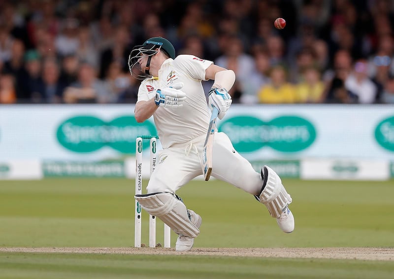 LONDON, ENGLAND - AUGUST 17: Steve Smith of Australia is struck by a delivery from Jofra Archer of England during day four of the 2nd Specsavers Ashes Test between England and Australia at Lord's Cricket Ground on August 17, 2019 in London, England. (Photo by Ryan Pierse/Getty Images)