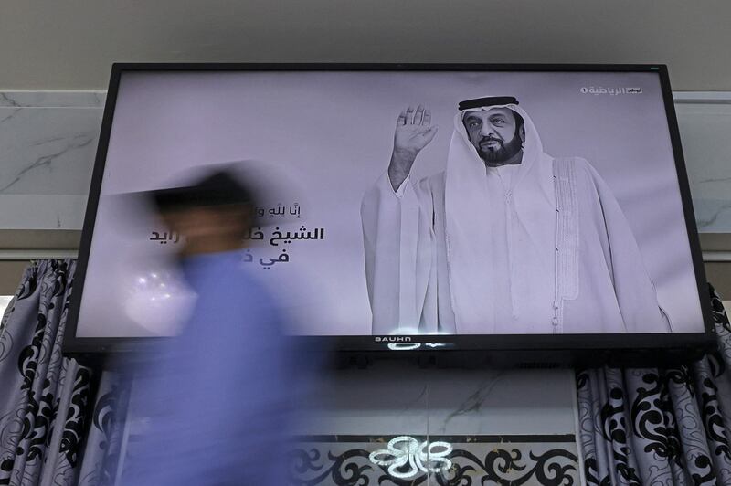 A local channel displays the portrait of late Sheikh Khalifa in Abu Dhabi. AFP