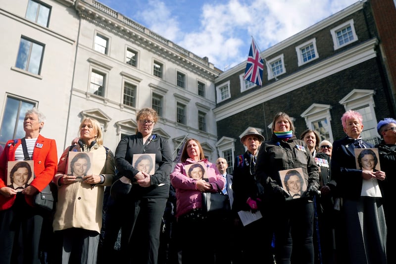Former colleagues of PC Yvonne Fletcher gather at St James's Square, London, for a 40th anniversary memorial service. She was shot dead in 1984 by a bullet fired from the Libyan embassy. AP