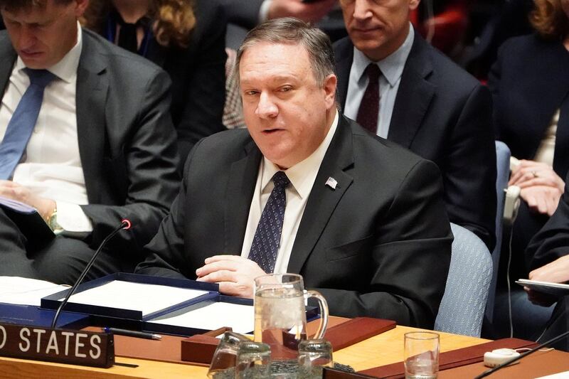 U.S. Secretary of State Mike Pompeo speaks at the United Nations during a Security Council meeting about the situation in Venezuela in the Manhattan borough of New York City, New York, U.S., January 26, 2019. REUTERS/Carlo Allegri