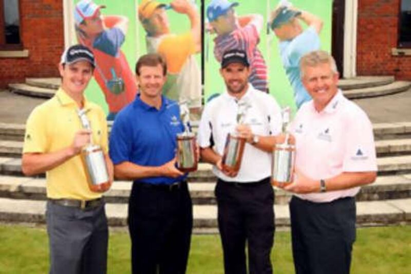 Retief Goosen, Padraig Harrington and Colin Montgomerie, gathered at The London Golf Club in Kent, England, to unveil the European Tour branding.