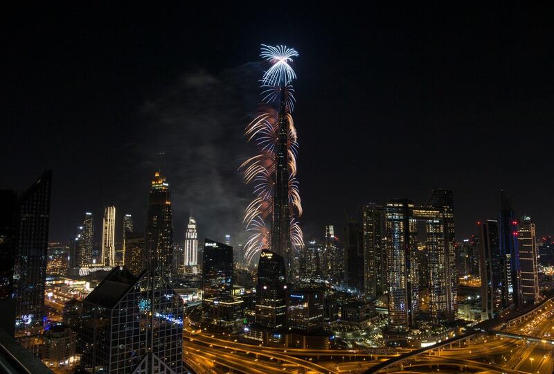 Dubai, United Arab Emirates - Burj Khalifa's New Year's eve fireworks taken from Shangri-La Hotel's roof top. Ruel Pableo for The National