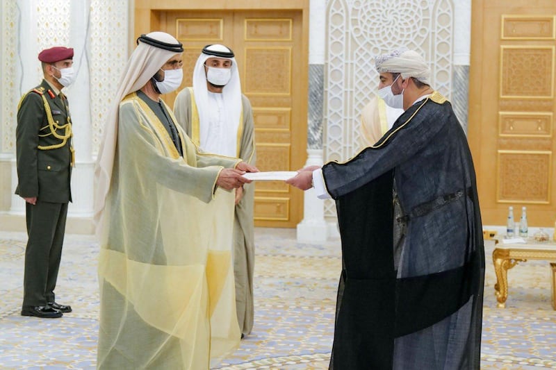 Sheikh Mohammed bin Rashid, Prime Minister and Ruler of Dubai, receives the credentials of the new Omani ambassador to the UAE. Wam