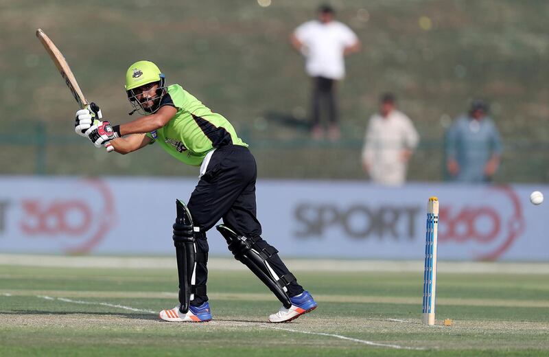 ABU DHABI , UNITED ARAB EMIRATES, October 05, 2018 :- Mohammad Faizan of Lahore Qalanders playing a shot during the Abu Dhabi T20 cricket match between Lahore Qalanders vs Hobart Hurricanes held at Zayed Cricket Stadium in Abu Dhabi. ( Pawan Singh / The National )  For Sports. Story by Amith