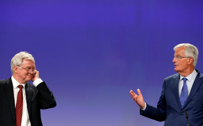 Britain's Secretary of State for Exiting the European Union David Davis and European Union's chief Brexit negotiator Michel Barnier hold a joint news conference marking the end of the third formal negotiation session in Brussels, Belgium August 31, 2017. REUTERS/Francois Lenoir