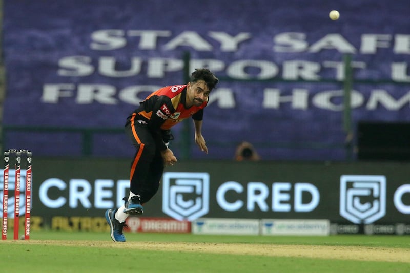 Rashid Khan of Sunrisers Hyderabad bowls during match 8 of season 13 of the Dream 11 Indian Premier League (IPL) between the Kolkata Knight Riders and the Sunrisers Hyderabad held at the Sheikh Zayed Stadium, Abu Dhabi in the United Arab Emirates on the 26th September 2020.  Photo by: Vipin Pawar  / Sportzpics for BCCI