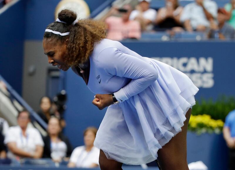 Serena Williams reacts after defeating Kaia Kanepi, of Estonia, during the fourth round of the U.S. Open tennis tournament, Sunday, Sept. 2, 2018, in New York. (AP Photo/Carolyn Kaster)