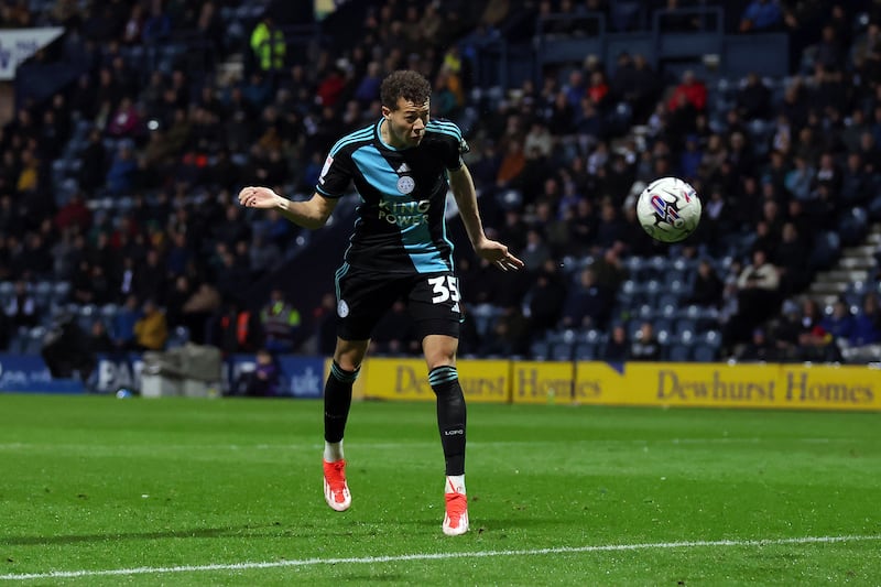 Kasey McAteer heads home Leicester's third goal against Preston. Getty Images