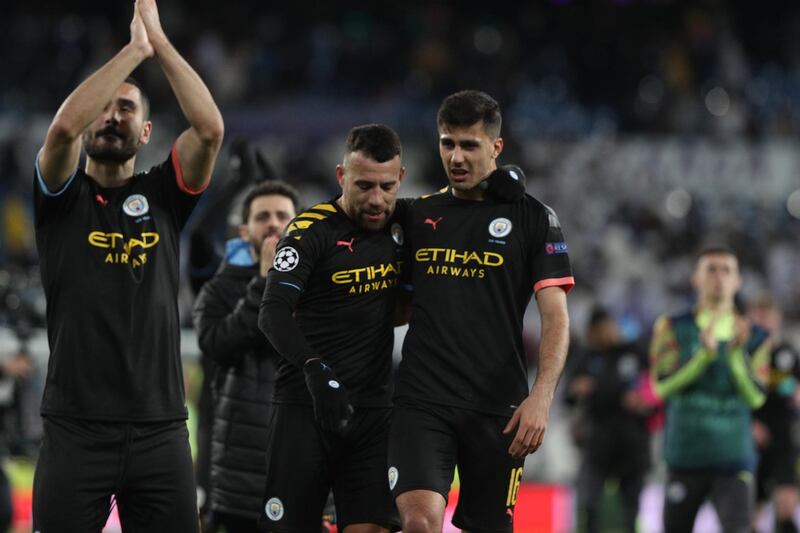 City players celebrate at the end of the first leg and a famous win. EPA