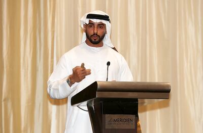 Lt Col Abdulrahman Altamimi, of the Ministry of Interior's Child Protection Centre, addresses the Child Safeguarding Conference in Dubai. Pawan Singh / The National   