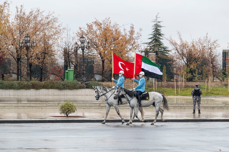 A Turkish Armed Forces Honour Guard welcomes Sheikh Mohamed bin Zayed to Turkey's Presidential Complex, on November 24, 2021. UAE Ministry of Presidential Affairs