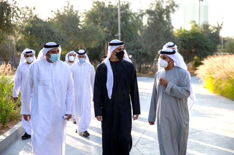 Khaled bin Mohamed bin Zayed tours newly opened Al Fay Park on Al Reem Island, the first urban park in the emirate to focus on bio-diversity. It provides another healthy and sustainable public place for residents and visitors in Abu Dhabi. courtesy: Abu Dhabi Media office
