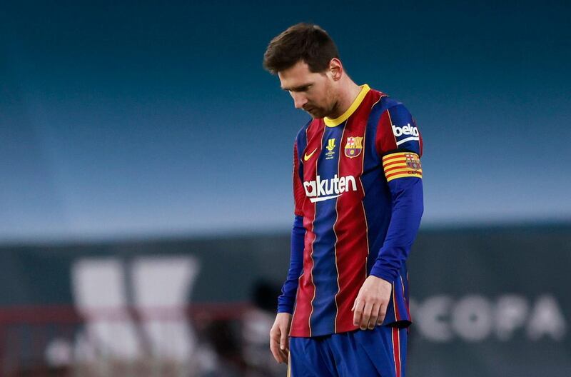 Barcelona's Lionel Messi looks dejected after Athletic Bilbao's Asier Villalibre scores their second goal. Reuters