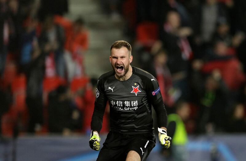 Slavia Prague goalkeeper Ondrej Kolar celebrates after his team's goal. AP